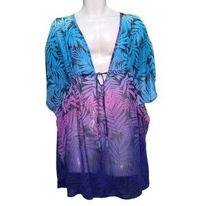 Bleu Rod Beattie Swim Cover Womens M Blue Purple Palm Beaded Tassel Sheer Resort